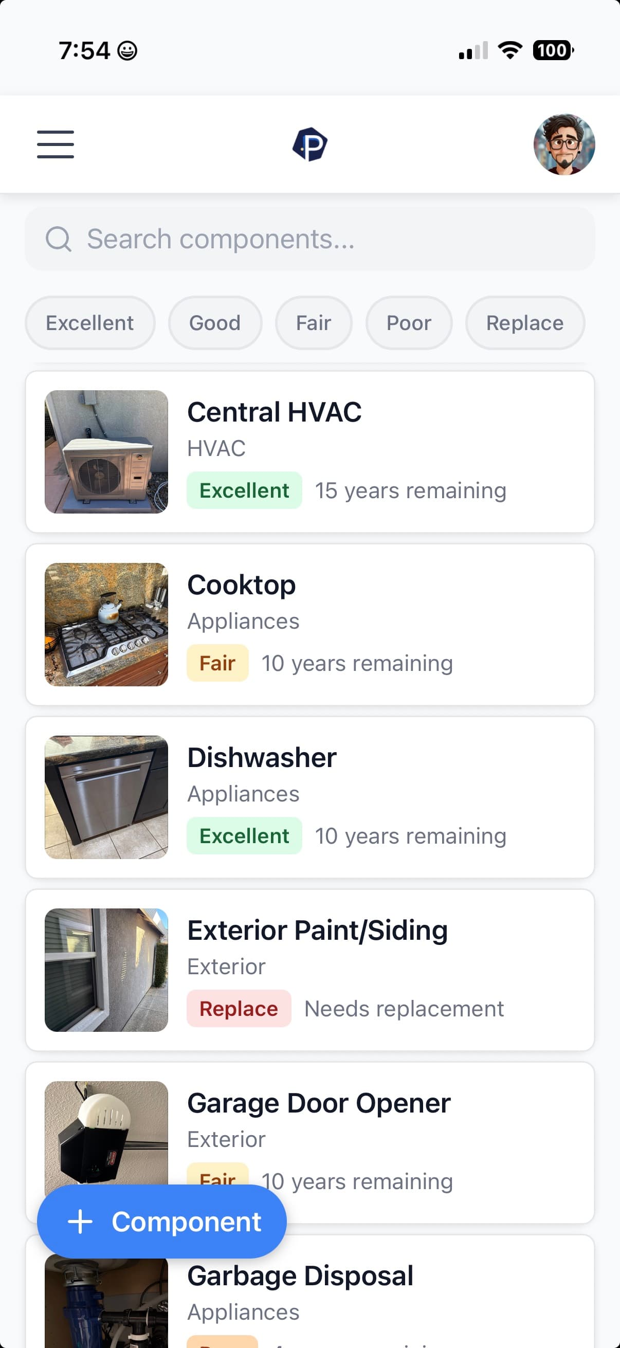 Properteer mobile Components screen listing HVAC, appliances, and exterior systems with condition badges