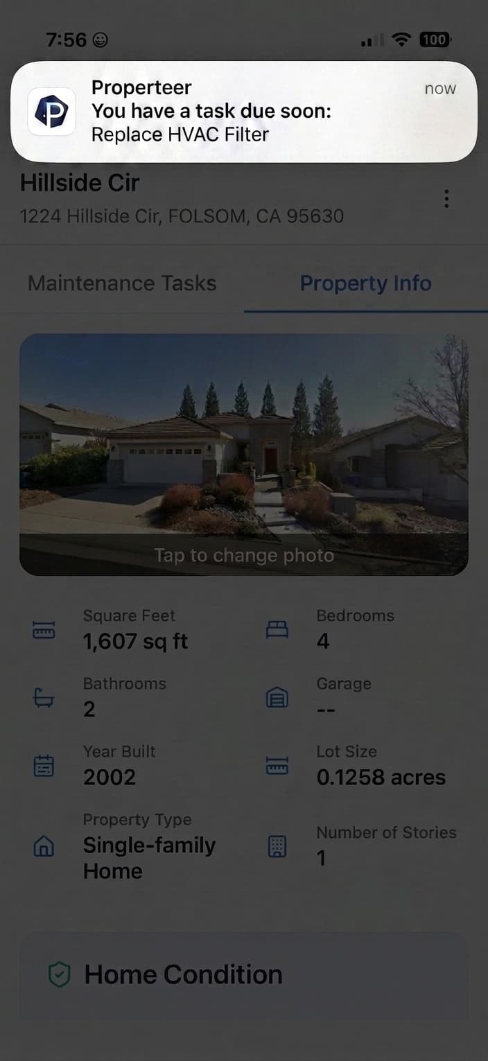 Properteer push notification on a phone lock screen alerting the user about an upcoming maintenance task