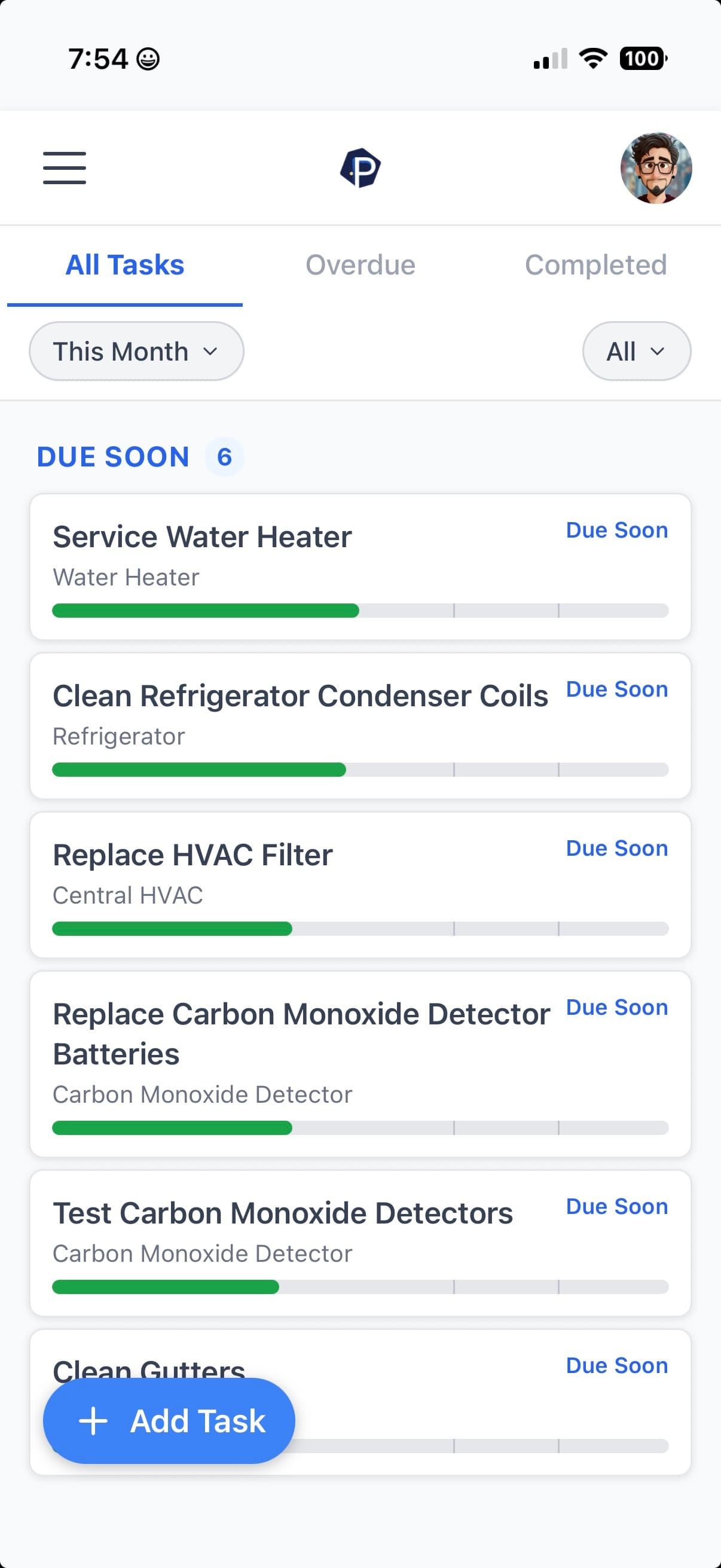 Properteer mobile Maintenance Tasks screen with upcoming home maintenance items