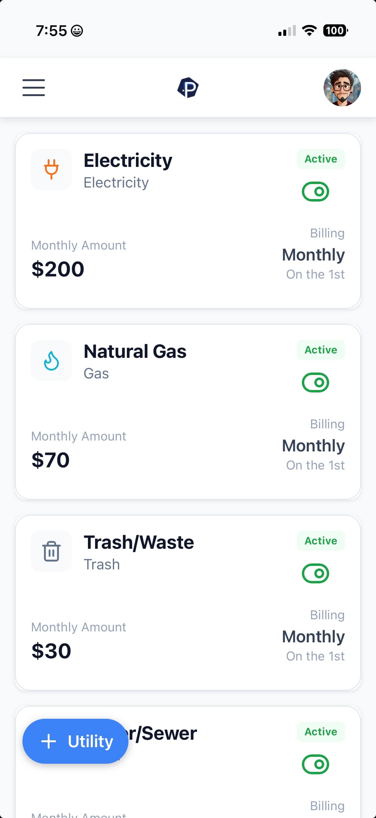 Properteer mobile Utilities screen showing monthly averages for electricity, gas, water, and internet
